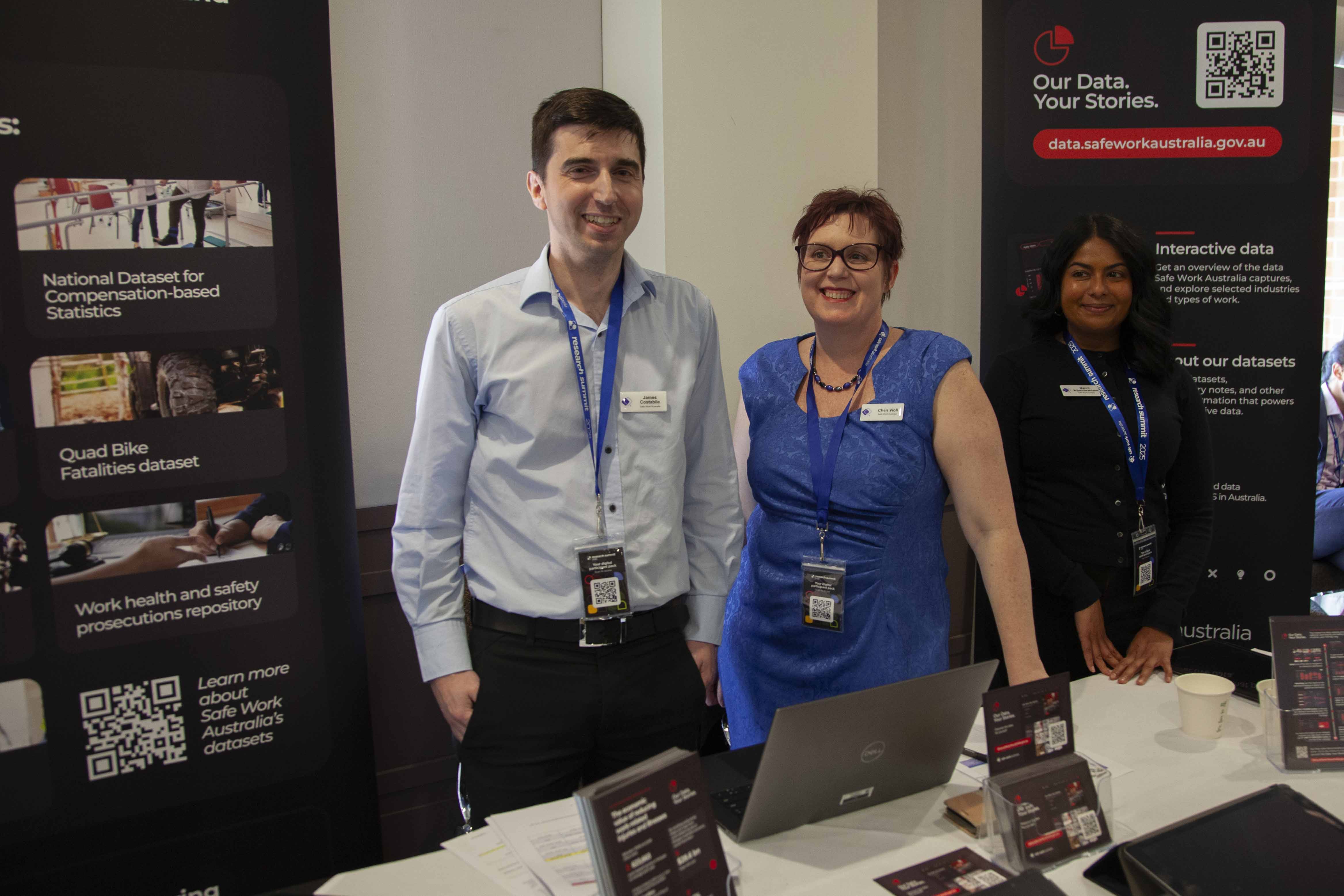 James Costabile, Cheri Violi and Danni Wijesiriwardana of Safe Work Australia’s Data Improvement and Analysis team at their booth at the Safe Work Australia Research Summit in September.