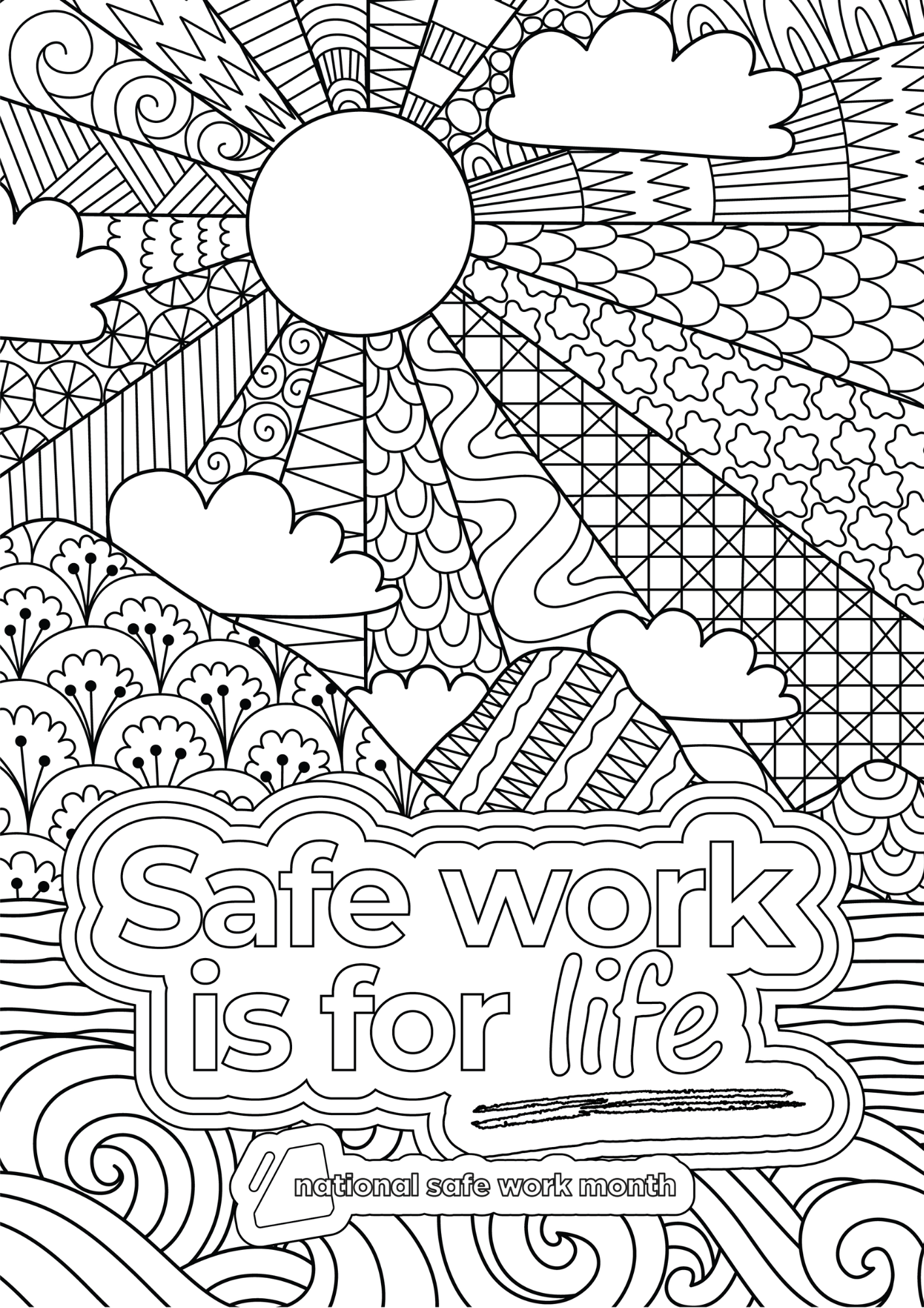Black-and-white colouring sheet featuring the words “Safe work is for life” and campaign branding.