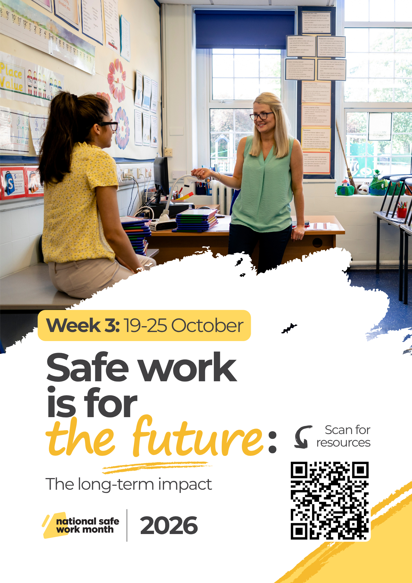 Classroom or training environment with two people interacting near a desk with the text “Week 3: Safe work is for the future – The long-term impact”.