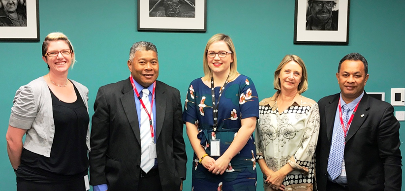 Representing Safe Work Australia, Jackii Shepherd, Anthea Raven and Janet Markey meet with Tomasi Kama and Lui Mario from Fiji’s Ministry of Employment, Productivity and Industrial Relations.