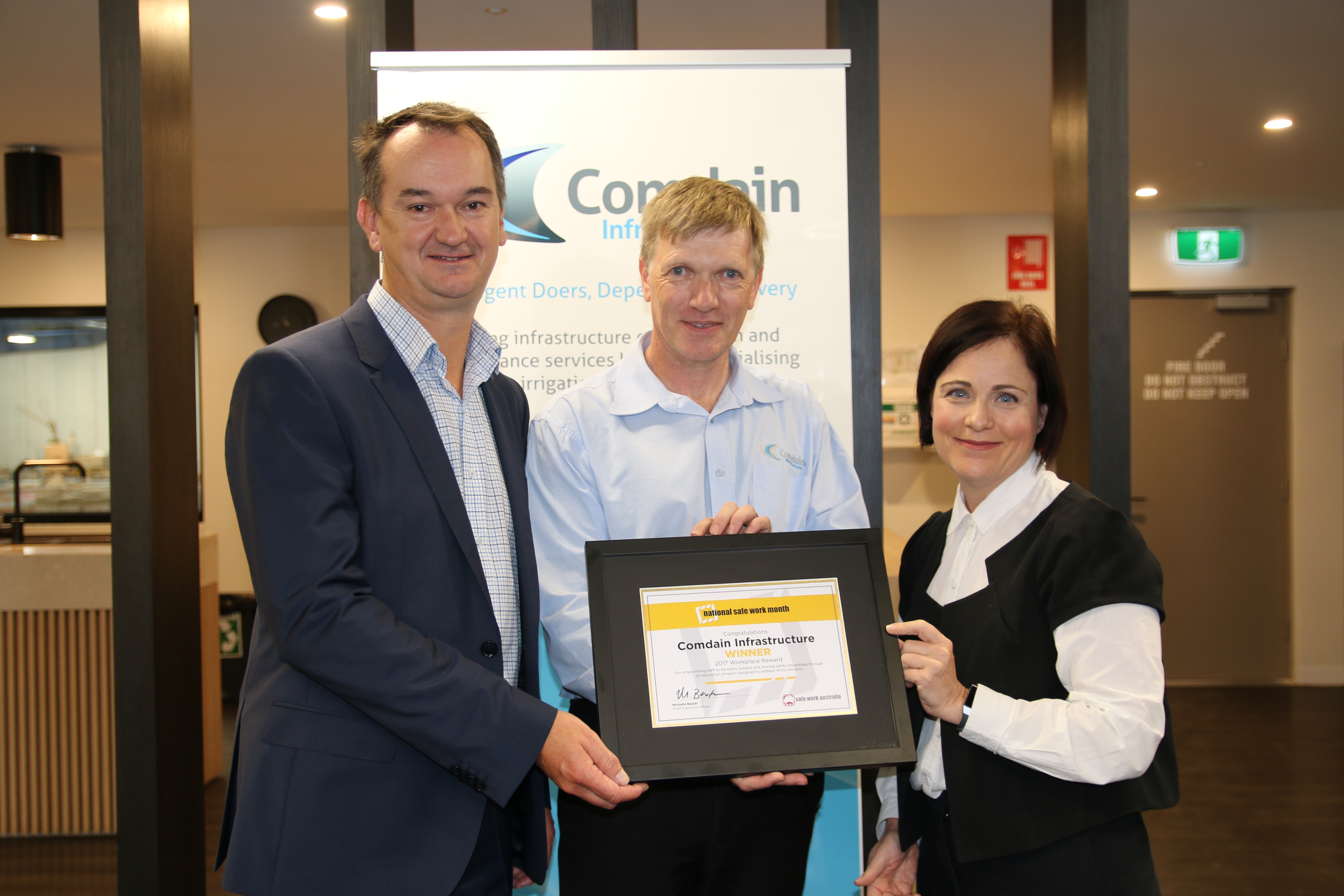 Peter Coen, CEO, Comdain Infrastructure and Kevin Morrison, National and HSEQ Manager, Comdain Infrastructure with Amanda Grey, Deputy CEO, Safe Work Australia