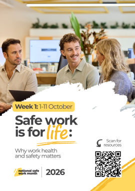 Office setting with three people discussing work with the text “Week 1: Safe work is for life – Why work health and safety matters”.