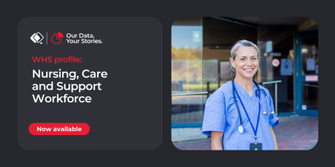 Title of the report, whs profile for Nursing, care and support now available with image of a nurse