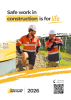 Construction site scene showing two workers in high-visibility clothing and hard hats talking while standing beside excavation equipment with the text “Safe work in construction is for life”.